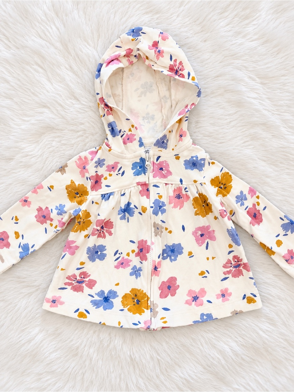 Carter's Cream Hooded Floral Zip Jacket with Pink, Blue & Mustard Flowers
